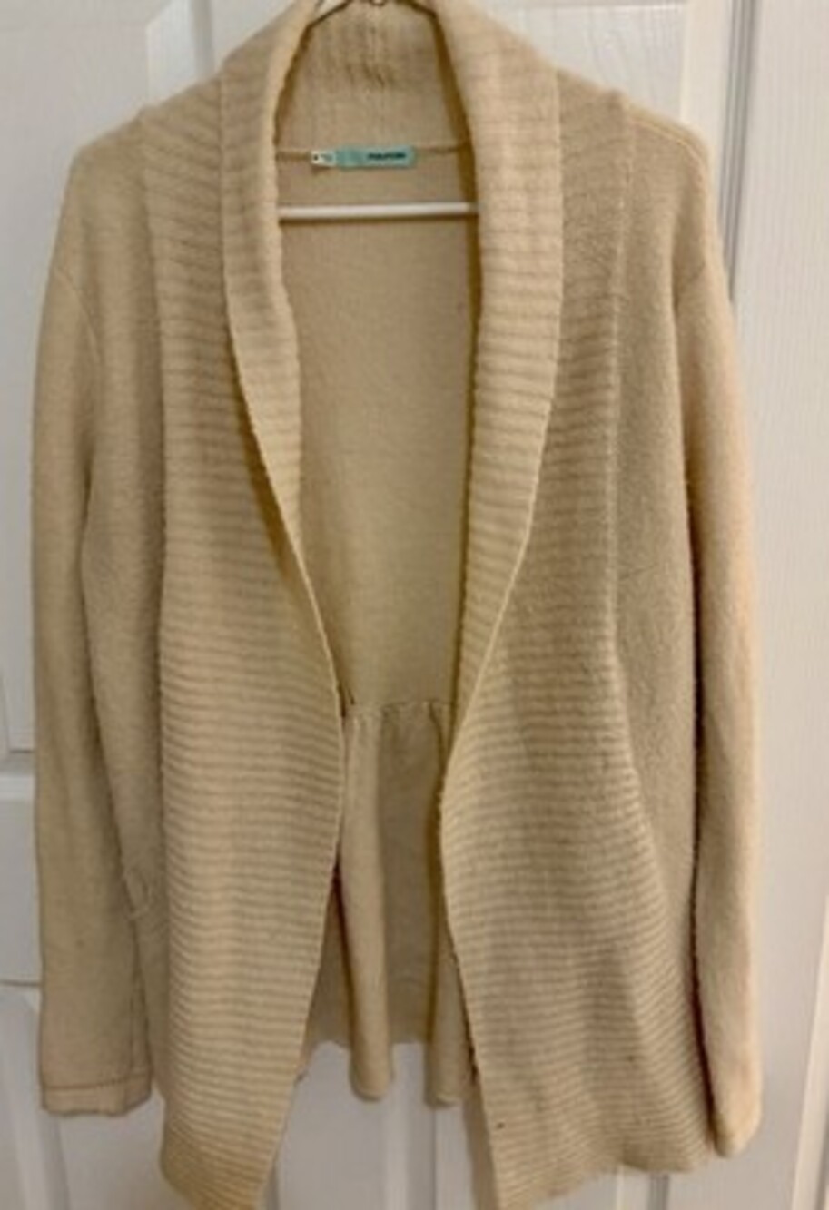 Maurices Ribbed-Knit Cardigan Sweater Beige Open Front Pockets Shawl Collar M